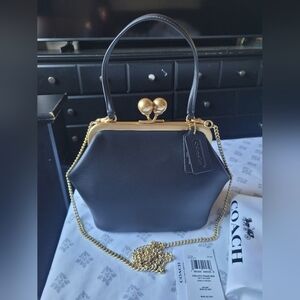 Coach Kisslock 16 Black Leather Top-Handle Bag with Gold Chain